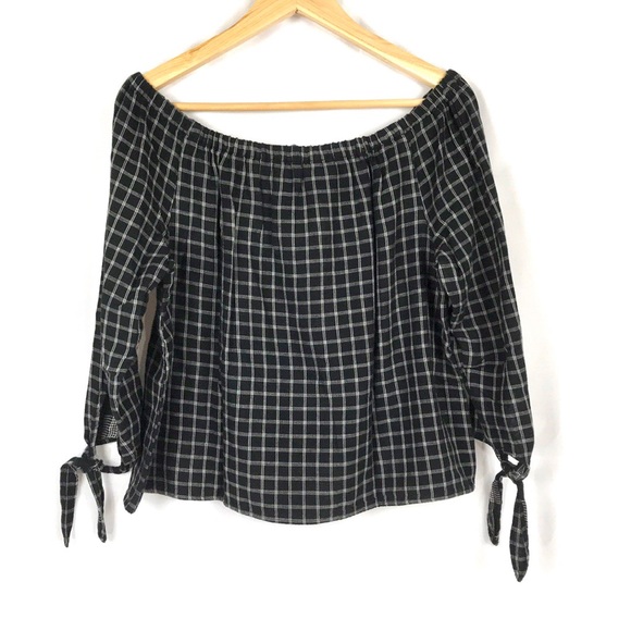 Madewell plaid off the shoulder top tie wrists - Picture 3 of 8